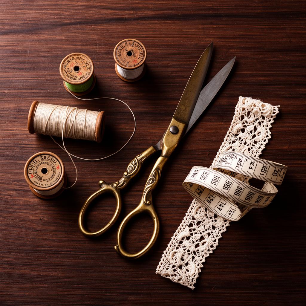 Vintage sewing tools on walnut wood